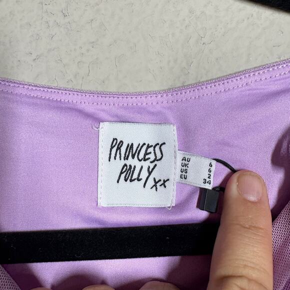 Princess Polly Size 2 Lorello Mini Sheath Dress Purple Asymmetric Flower Trim - Picture 6 of 10